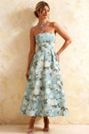 Gwen Blue Floral A Line Strapless Midi Dress