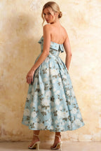 Gwen Blue Floral A Line Strapless Midi Dress