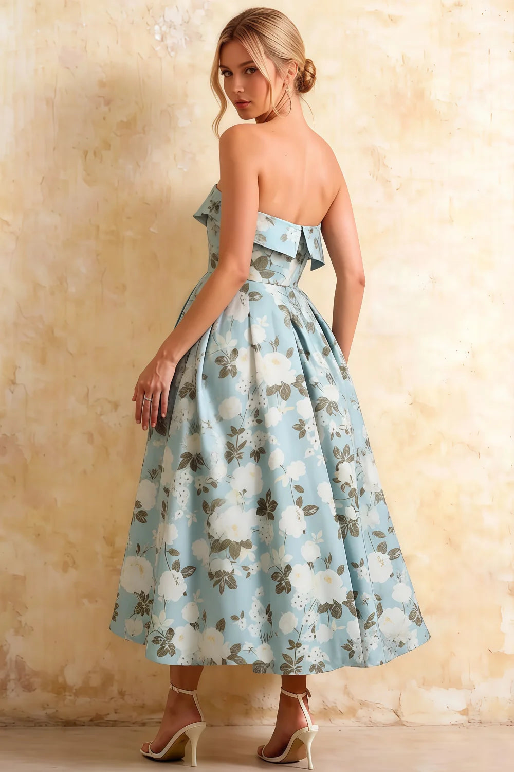 Gwen Blue Floral A Line Strapless Midi Dress