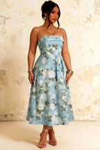 Gwen Blue Floral A Line Strapless Midi Dress