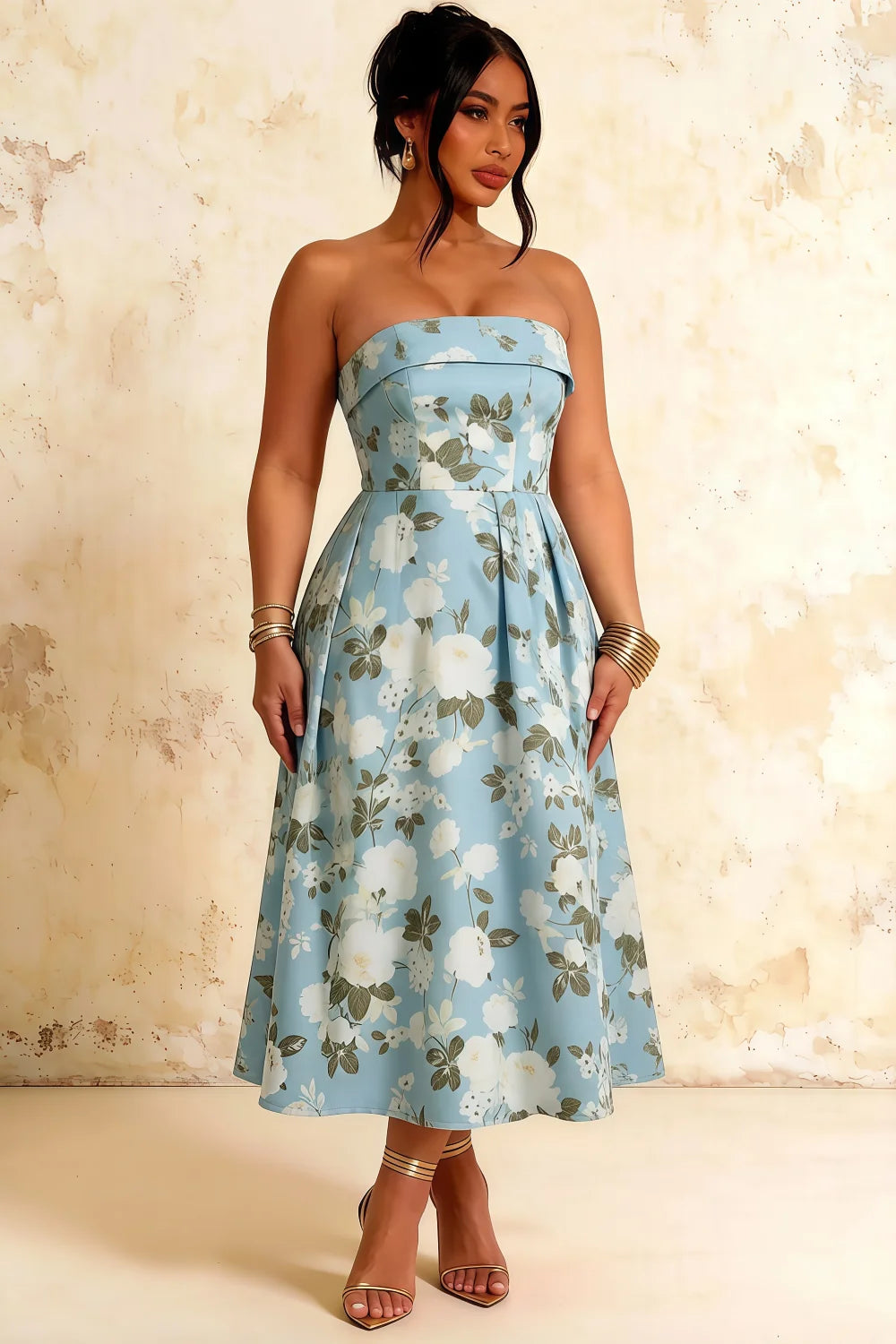 Gwen Blue Floral A Line Strapless Midi Dress