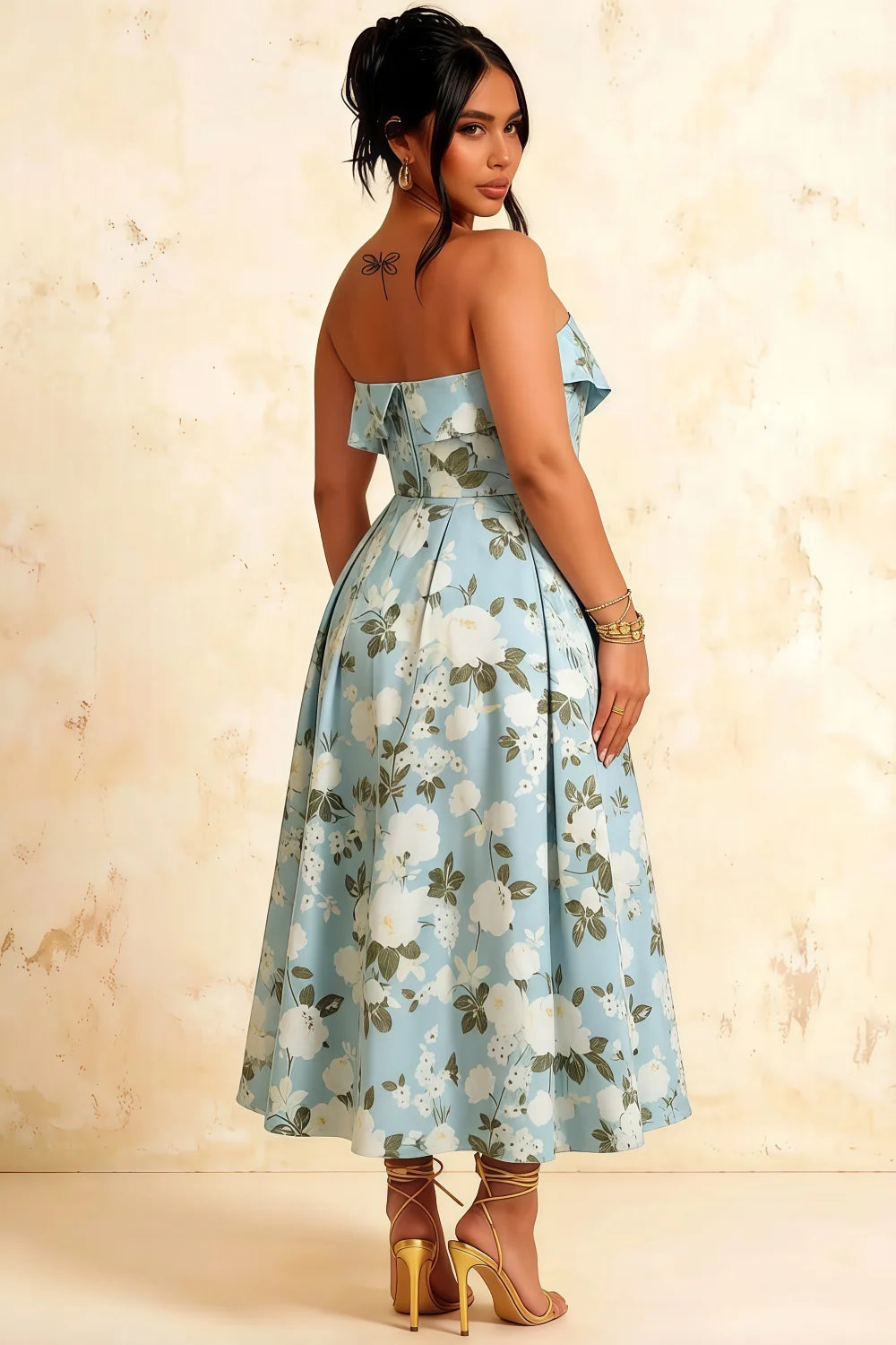 Gwen Blue Floral A Line Strapless Midi Dress