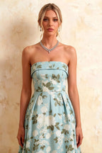 Gwen Blue Floral A Line Strapless Midi Dress