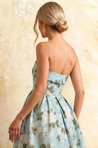 Gwen Blue Floral A Line Strapless Midi Dress