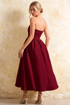 Gwen Burgundy Strapless A Line Midi Dress | Elegant Event Wear