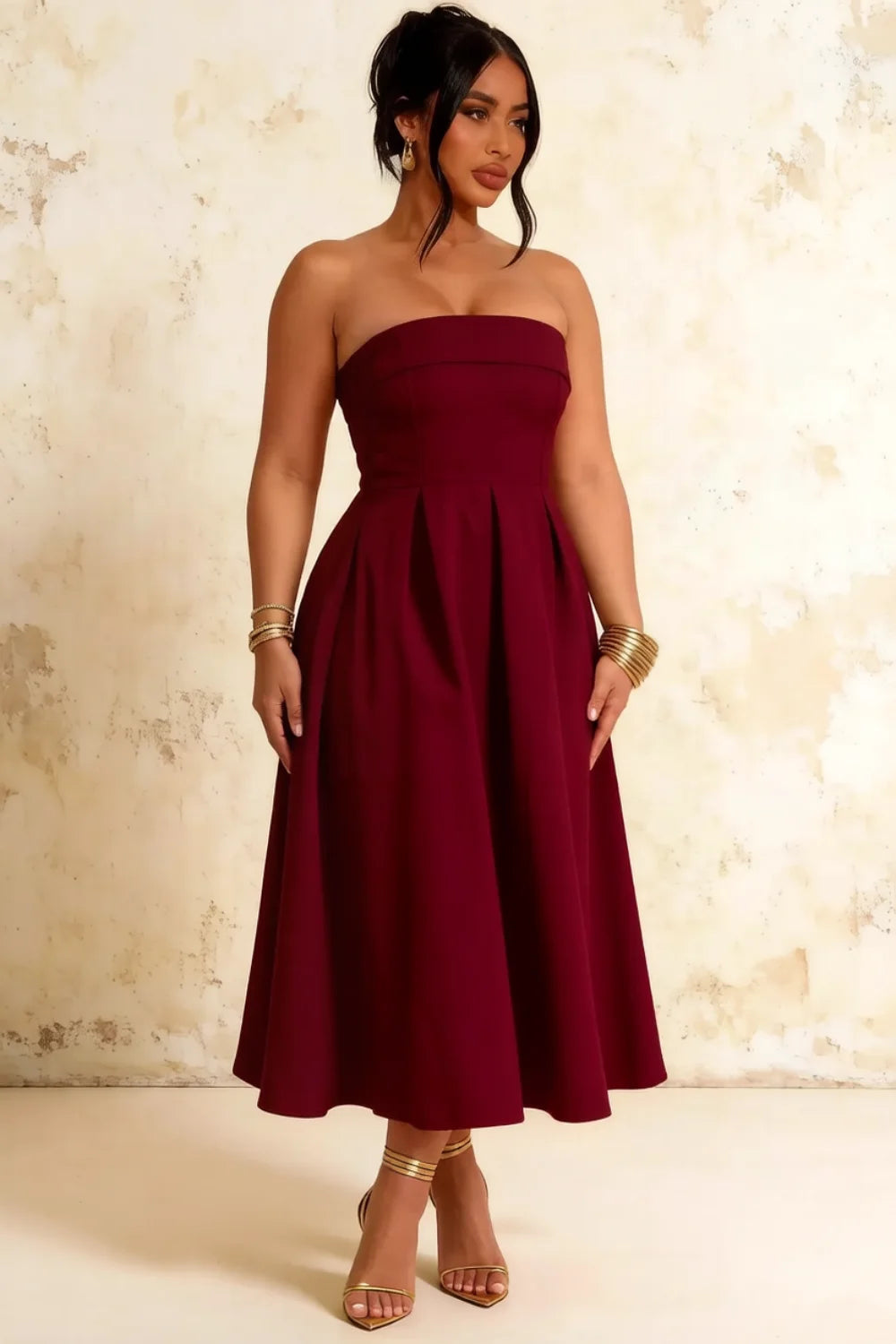 Gwen Burgundy Strapless A Line Midi Dress | Elegant Event Wear
