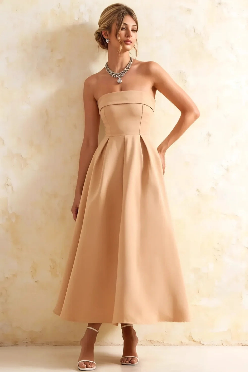 Gwen Champagne Midi Dress Strapless | Elegant Pleated A-Line Main image