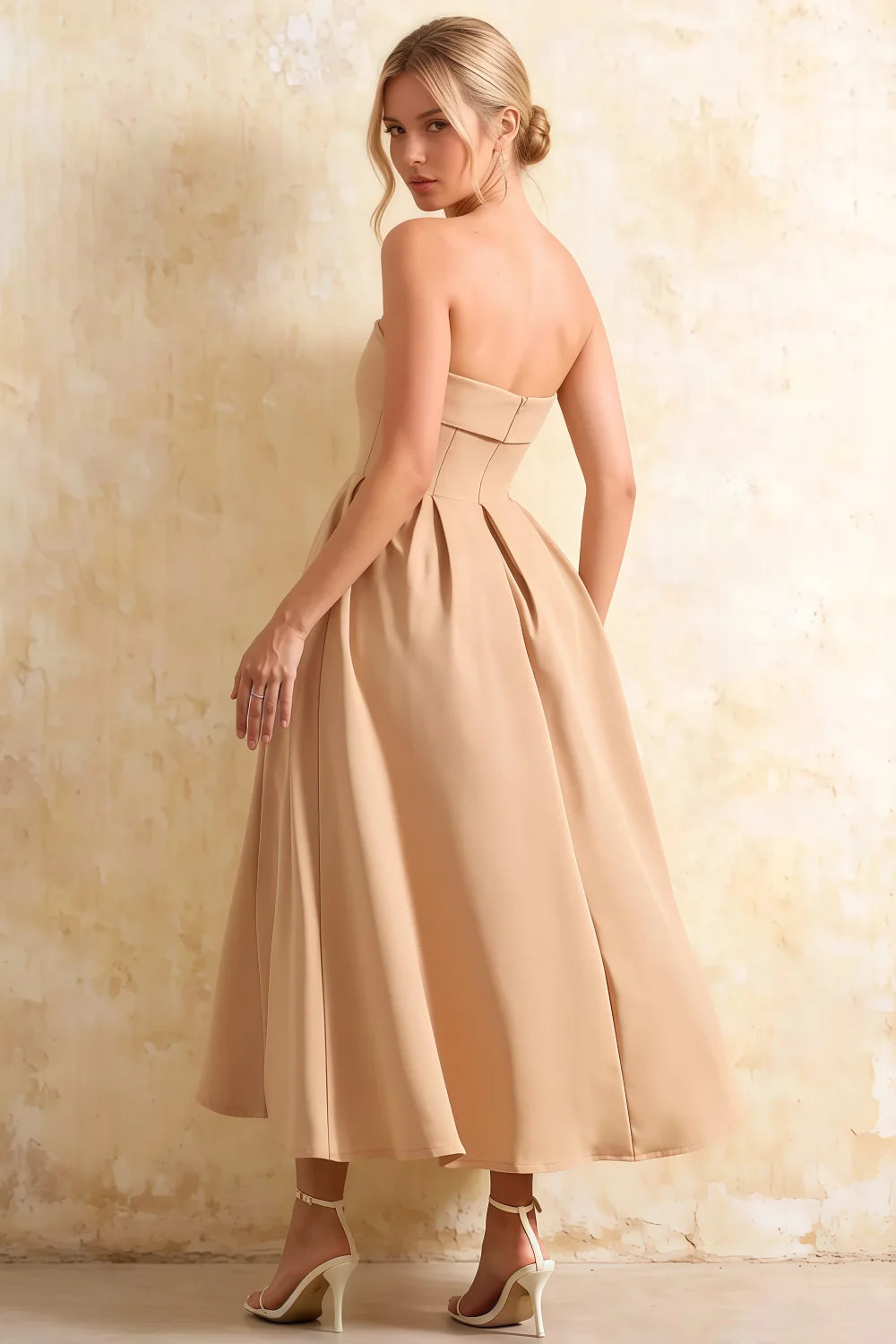 Gwen Champagne Midi Dress Strapless | Elegant Pleated A-Line