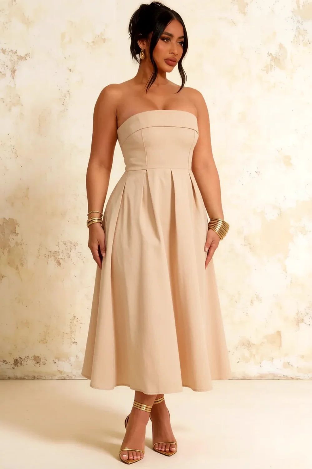 Gwen Champagne Midi Dress Strapless | Elegant Pleated A-Line