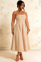 Gwen Champagne Midi Dress Strapless | Elegant Pleated A-Line