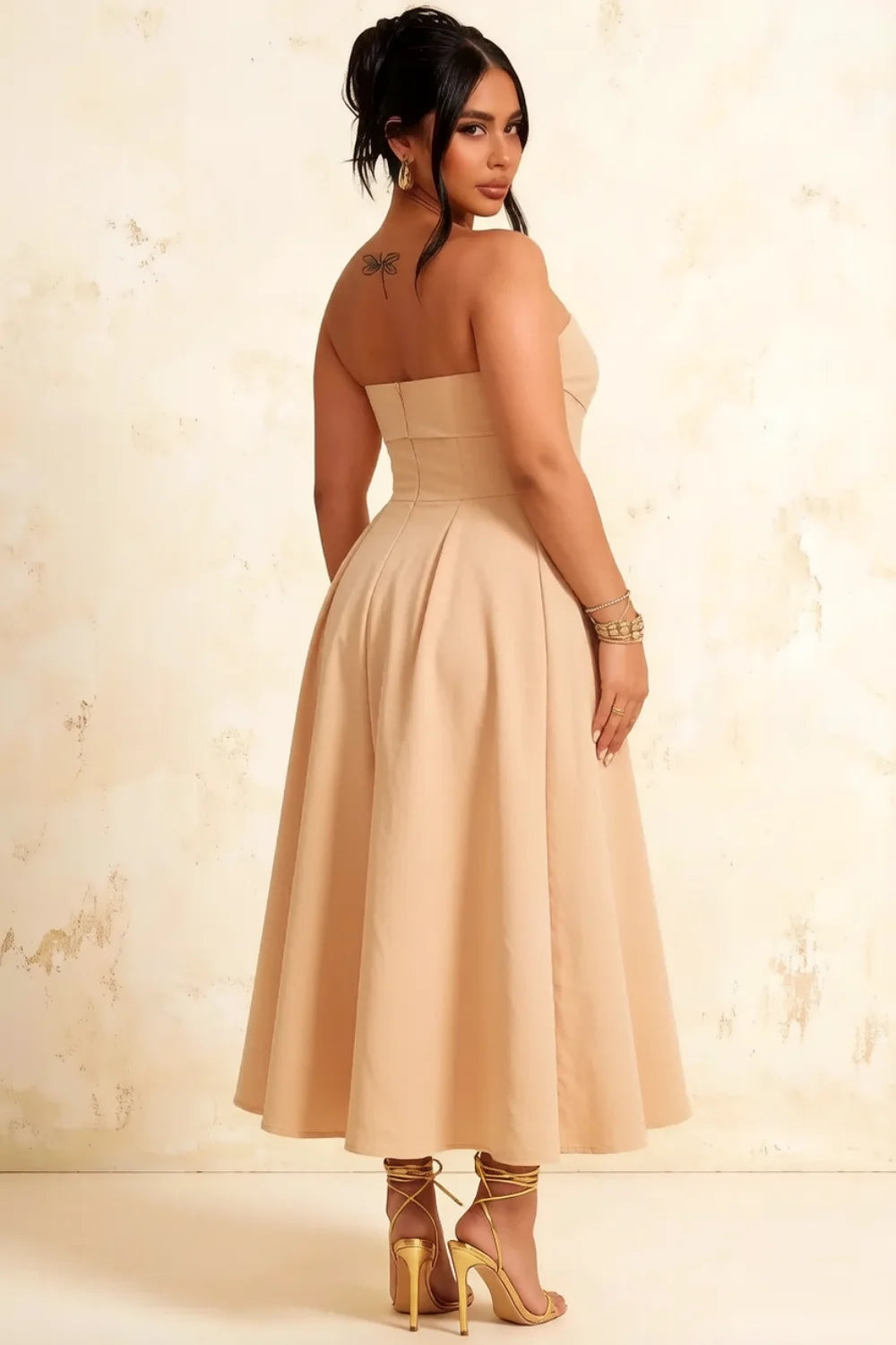 Gwen Champagne Midi Dress Strapless | Elegant Pleated A-Line