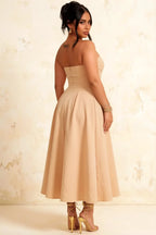 Gwen Champagne Midi Dress Strapless | Elegant Pleated A-Line