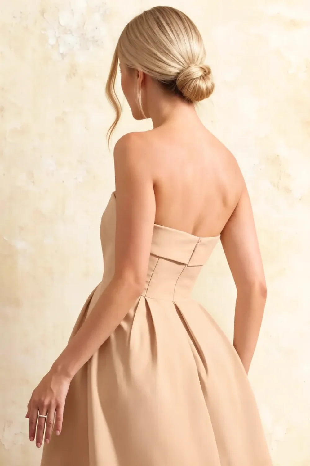 Gwen Champagne Midi Dress Strapless | Elegant Pleated A-Line