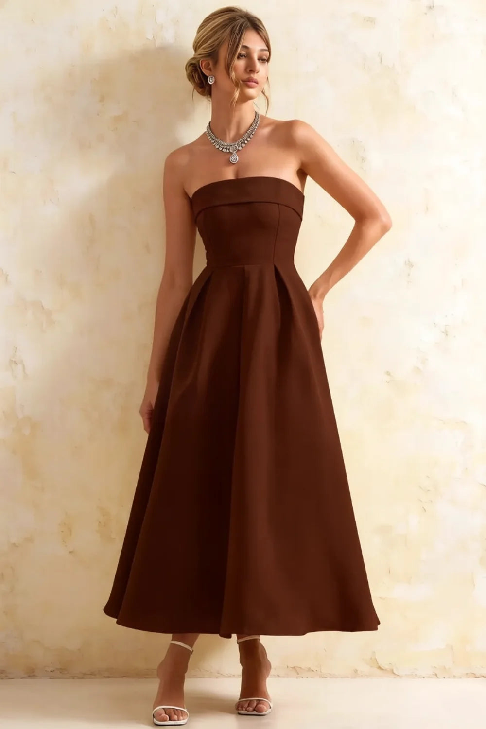 Gwen Chocolate Strapless Midi Dress | Elegant Casual Style