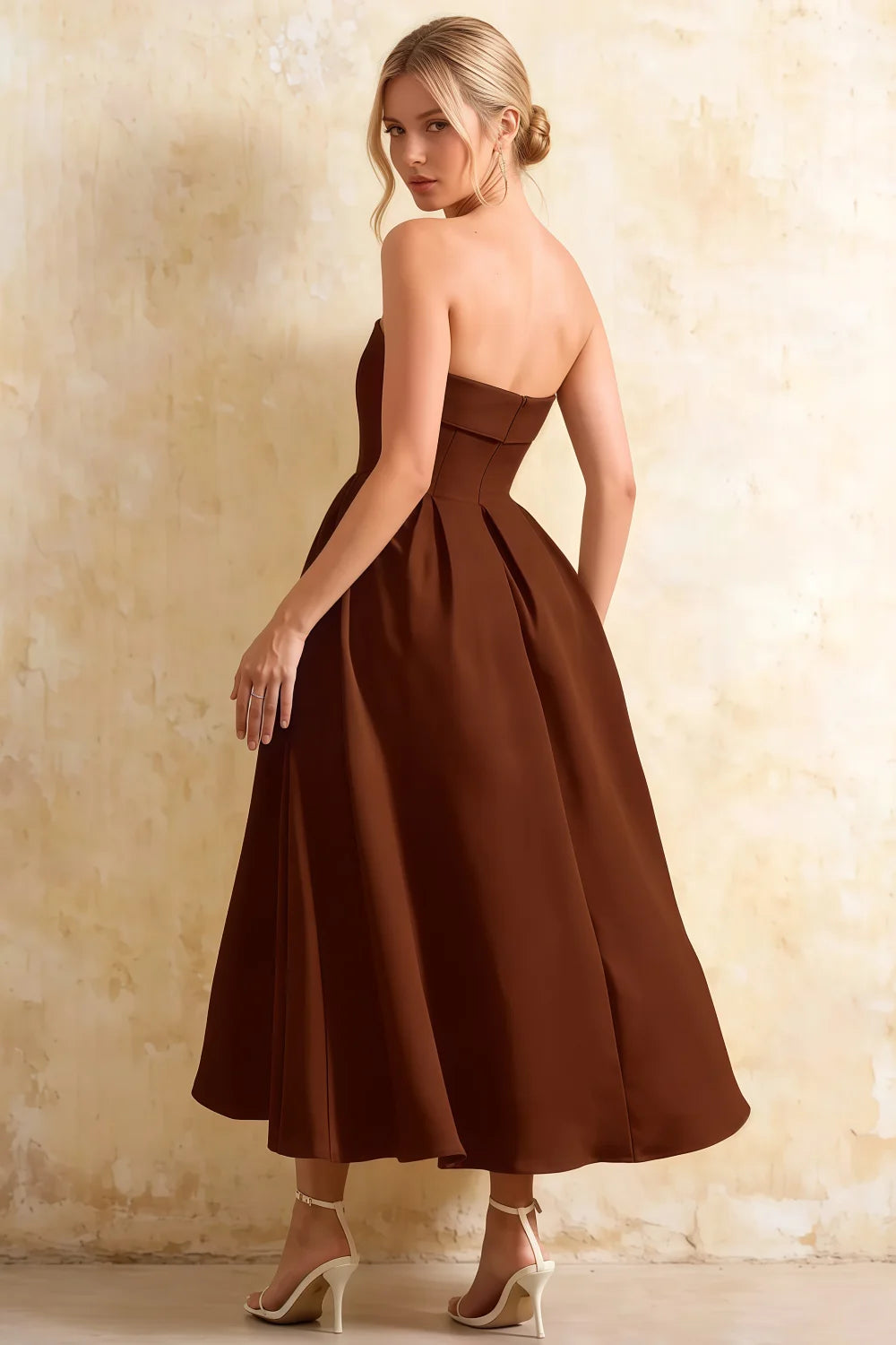 Gwen Chocolate Strapless Midi Dress | Elegant Casual Style