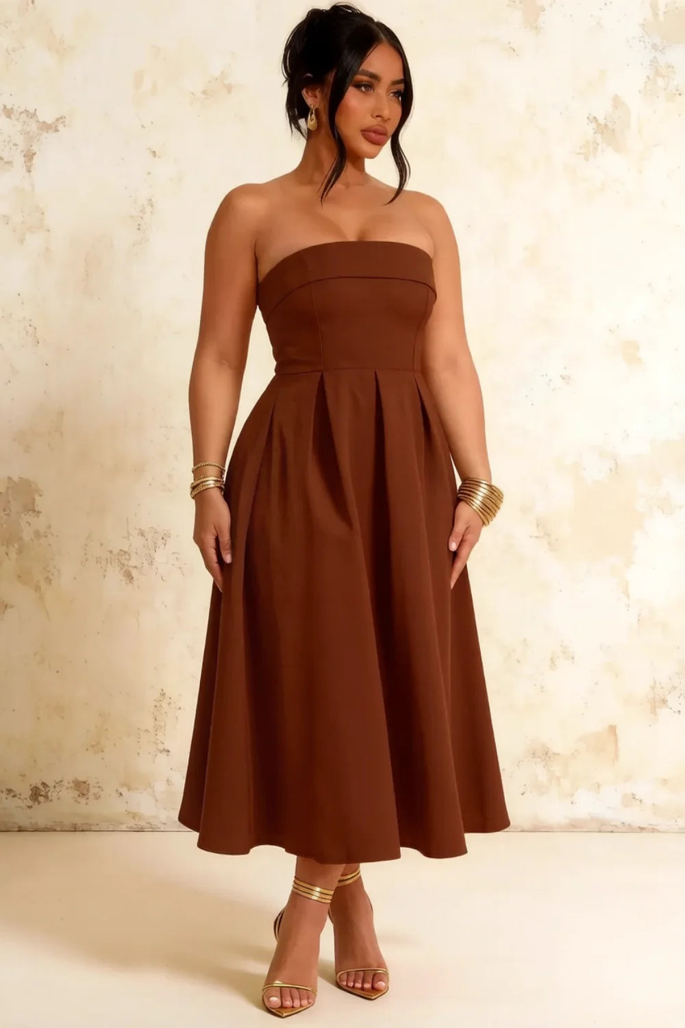 Gwen Chocolate Strapless Midi Dress | Elegant Casual Style