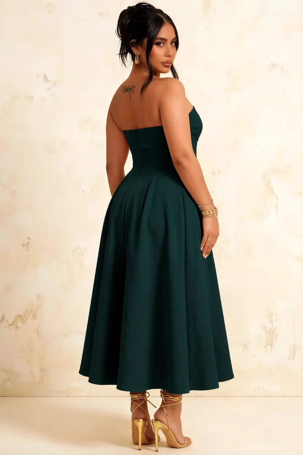 Gwen Emerald Green Strapless Dress Midi | Wedding Guest