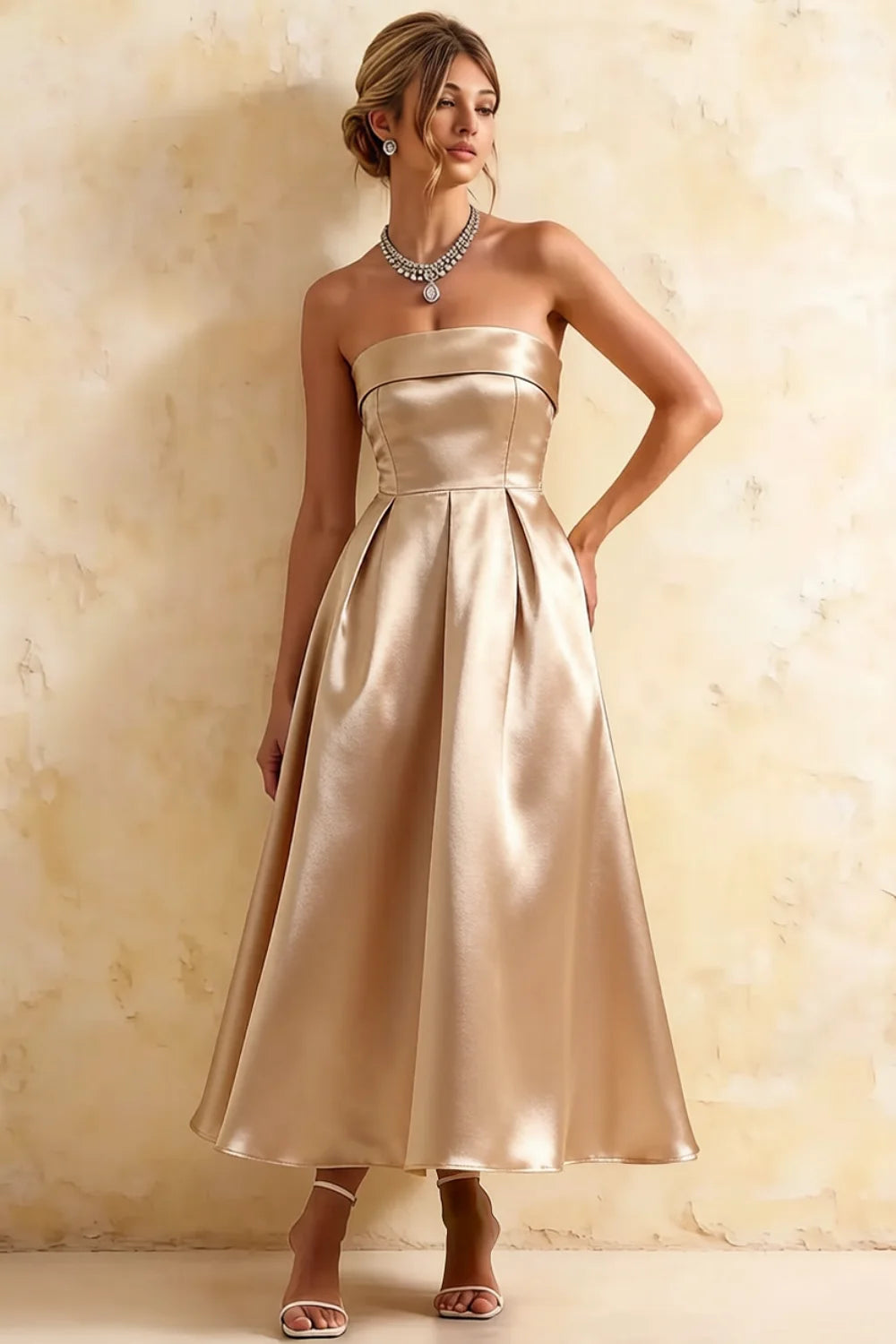 Vestido de cóctel midi sin tirantes Gwen Gold | Ropa de fiesta formal Imagen principal del producto