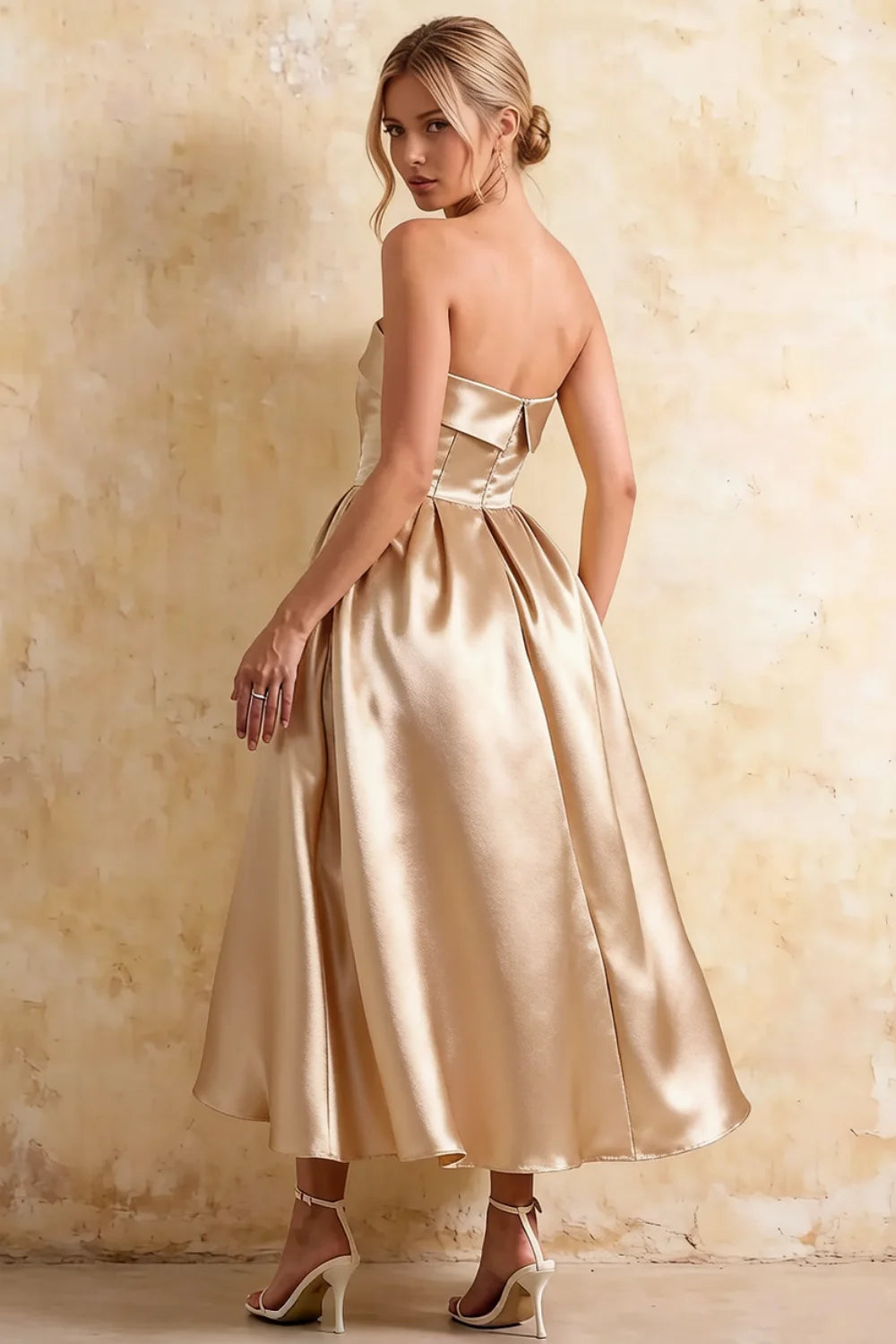 Vestido de cóctel midi sin tirantes Gwen Gold | Ropa de fiesta formal