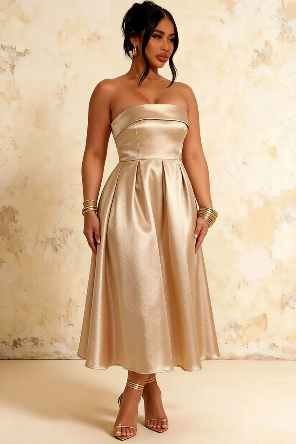 Gwen Gold Strapless Midi Cocktail Dress  | Formal Party Wear