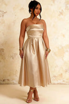 Gwen Gold Strapless Midi Cocktail Dress  | Formal Party Wear