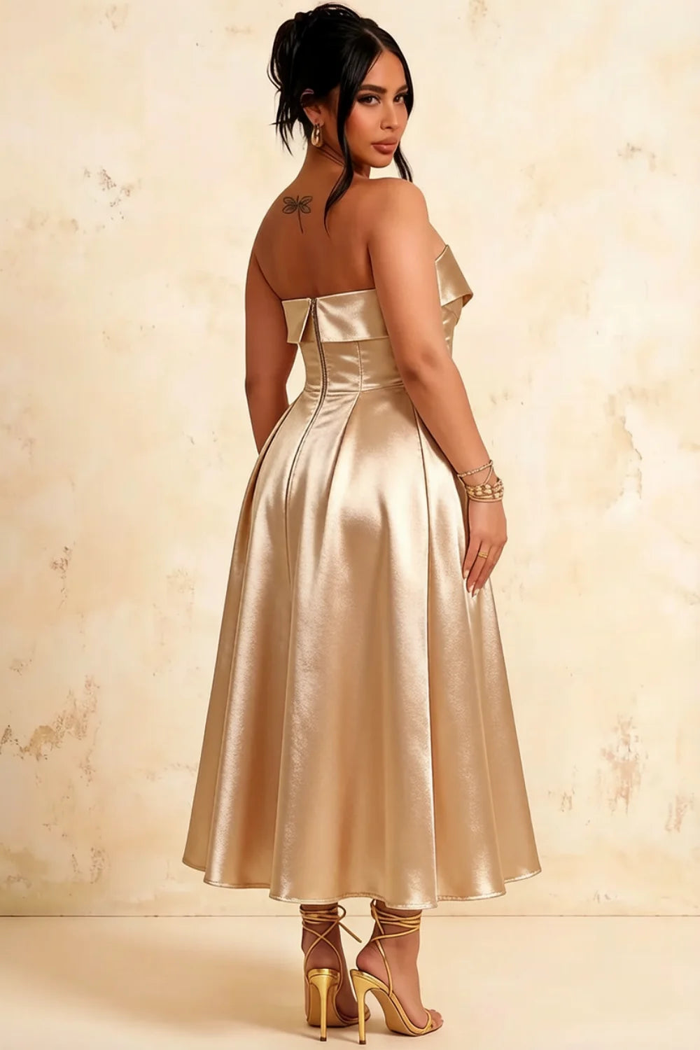 Gwen Gold Strapless Midi Cocktail Dress  | Formal Party Wear