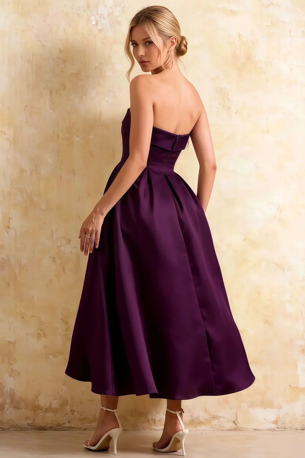 Gwen Grape Strapless Midi Dress Wedding Guest