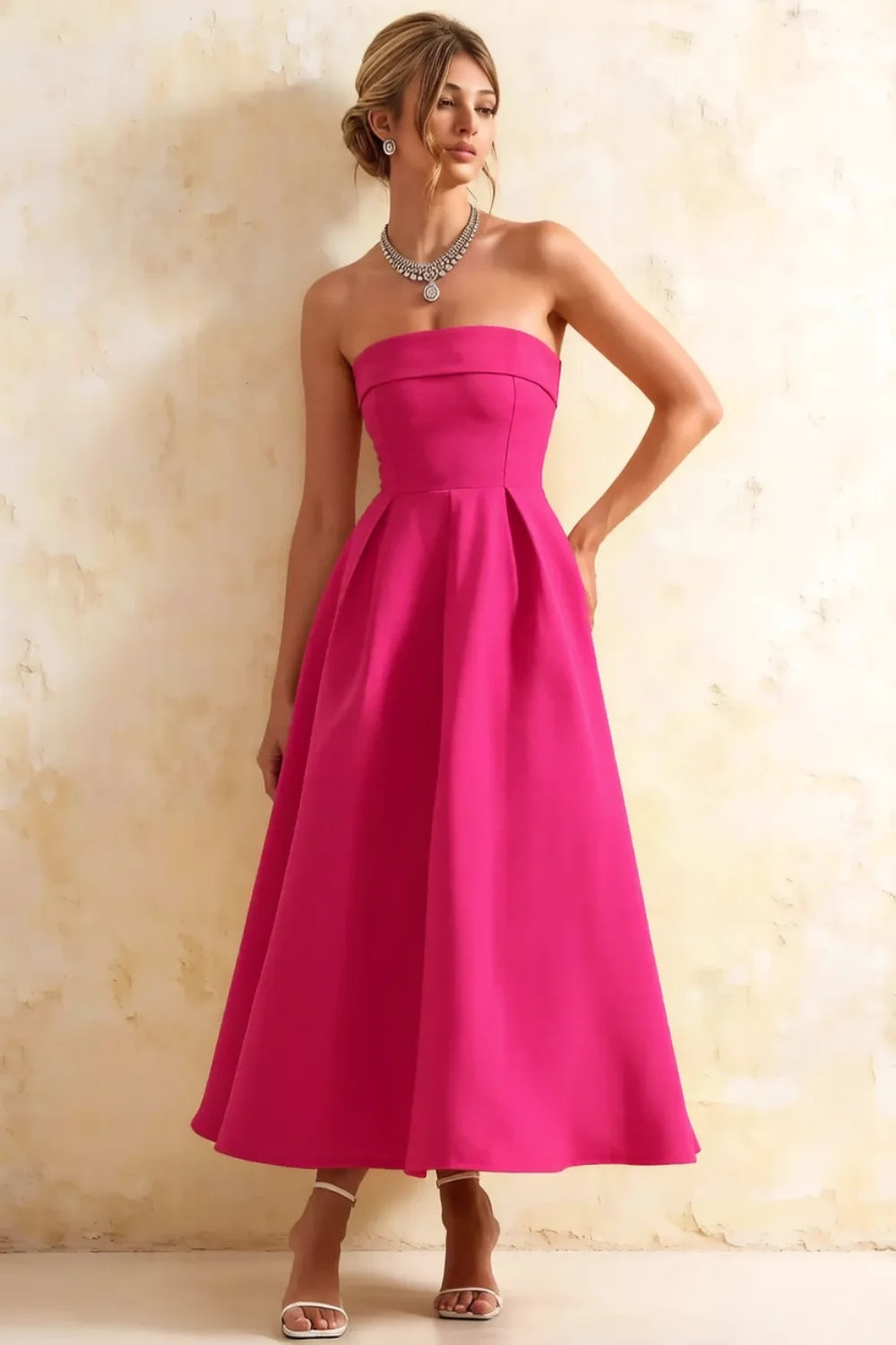 Gwen Hot Pink Strapless Corset Midi Dress | Elegant Prom Main image