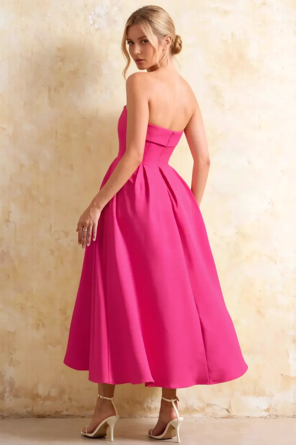 Gwen Hot Pink Strapless Corset Midi Dress | Elegant Prom