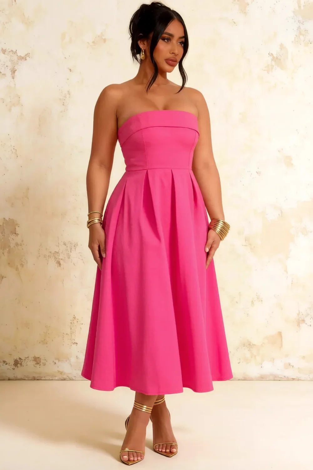 Gwen Hot Pink Strapless Corset Midi Dress | Elegant Prom