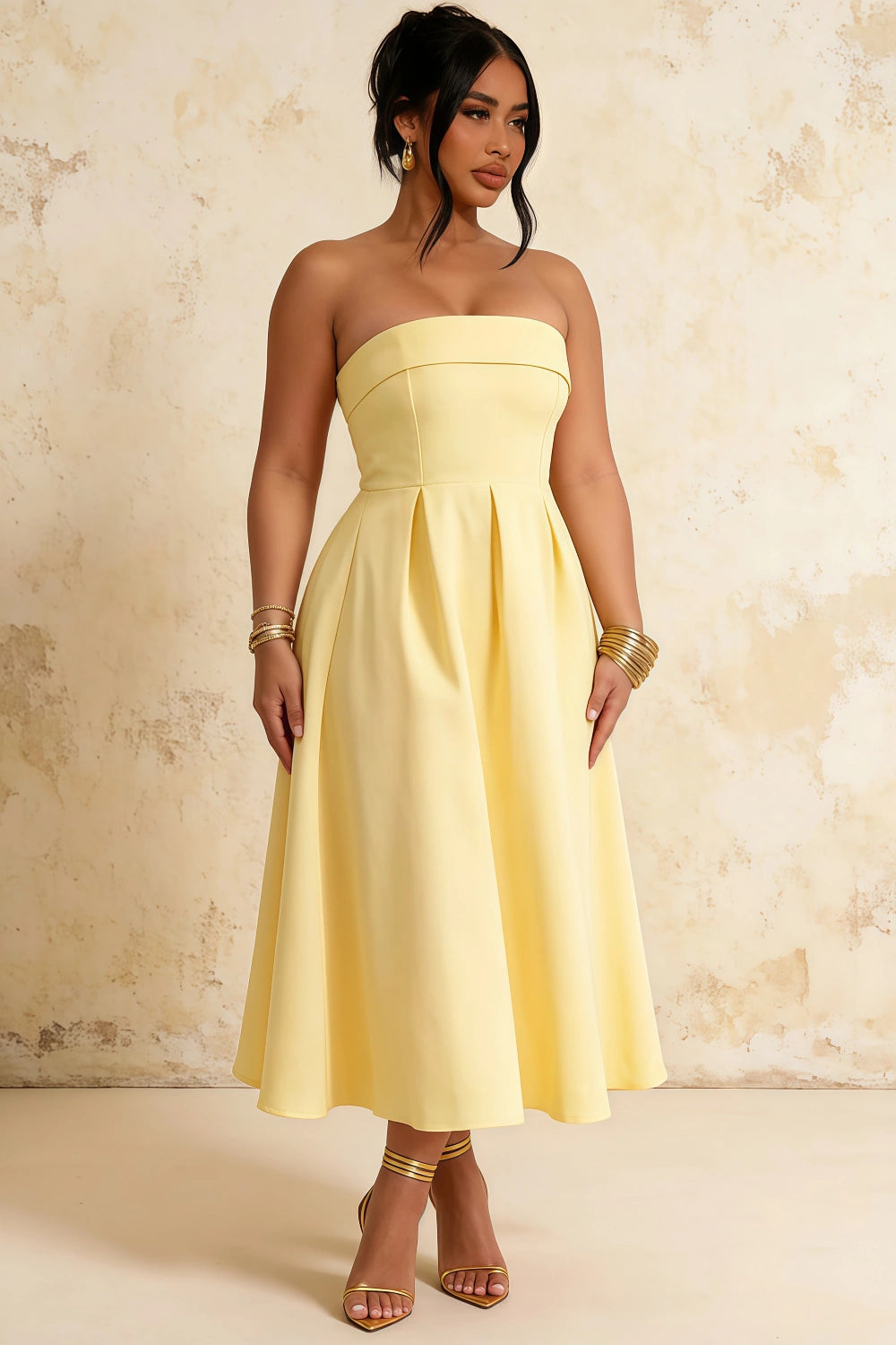 Gwen Lemon Women's Strapless Midi Dress | Elegant Party