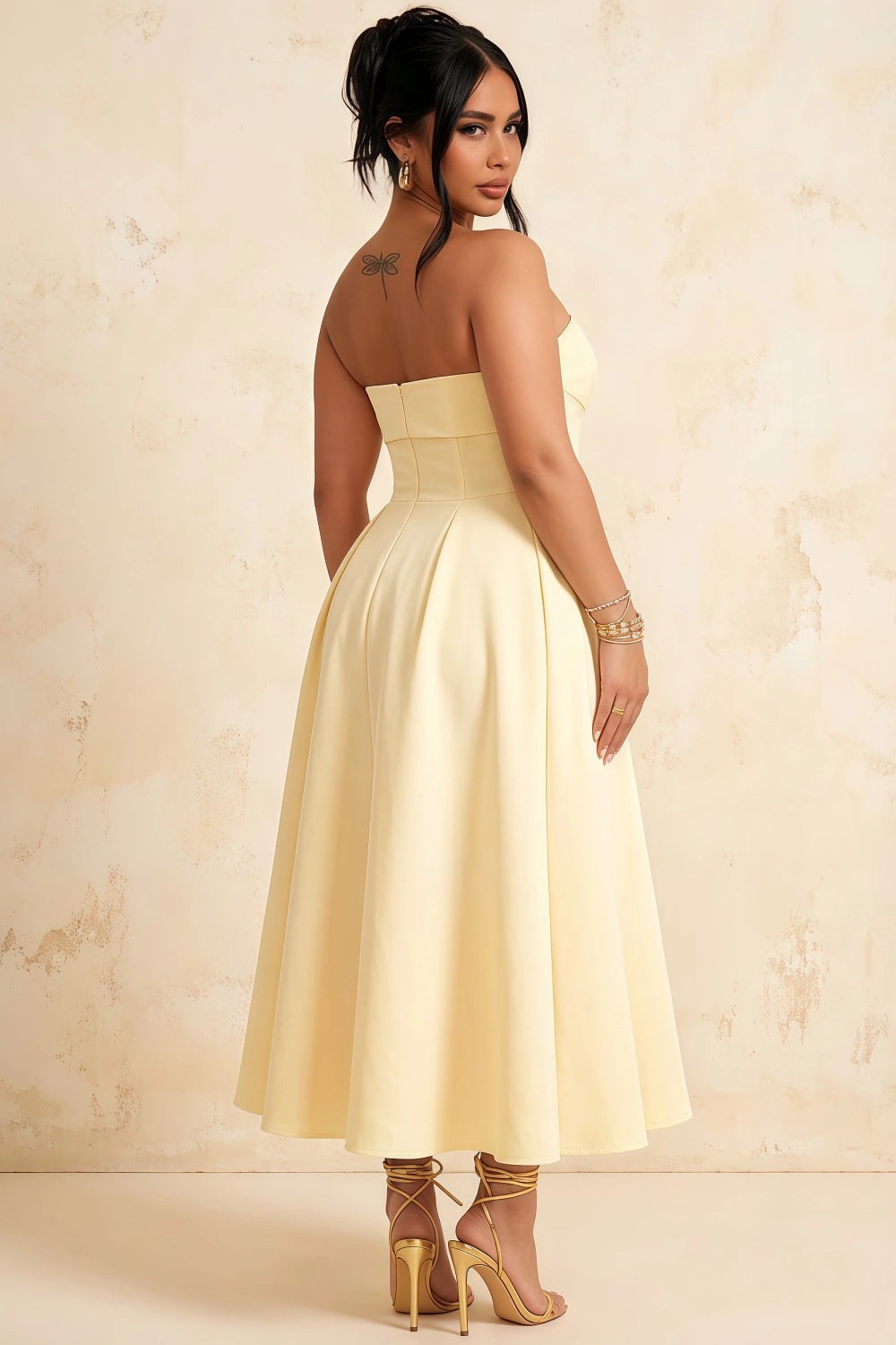 Gwen Lemon Women's Strapless Midi Dress | Elegant Party