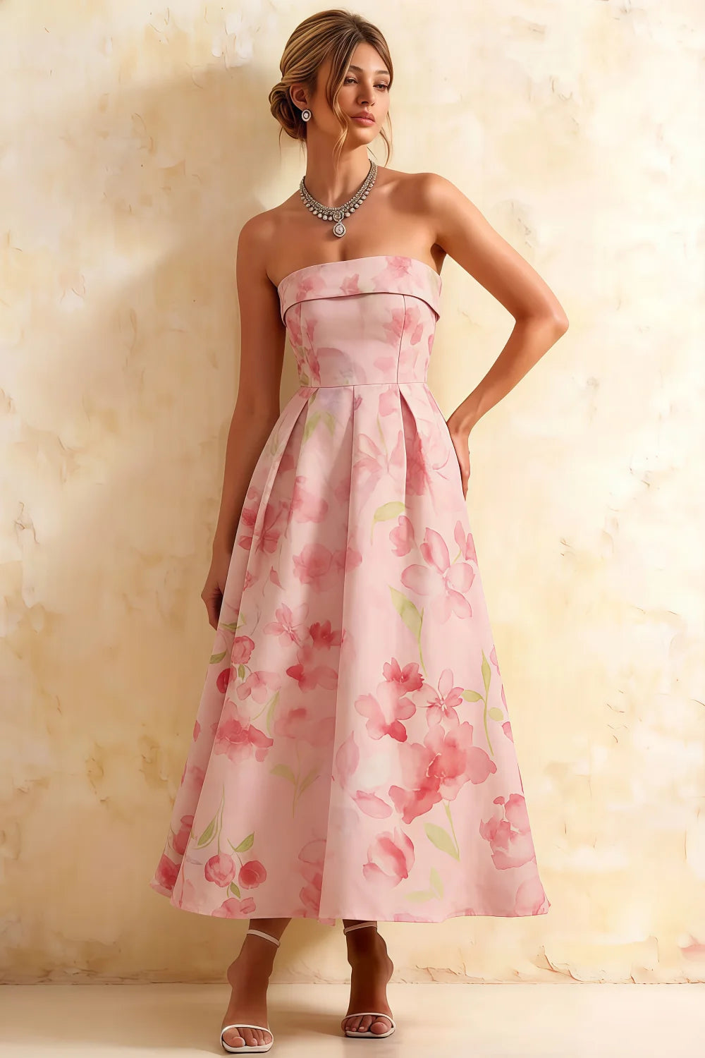 Vestido midi sin tirantes Adoni con estampado floral en rosa claro Gwen Imagen principal del producto