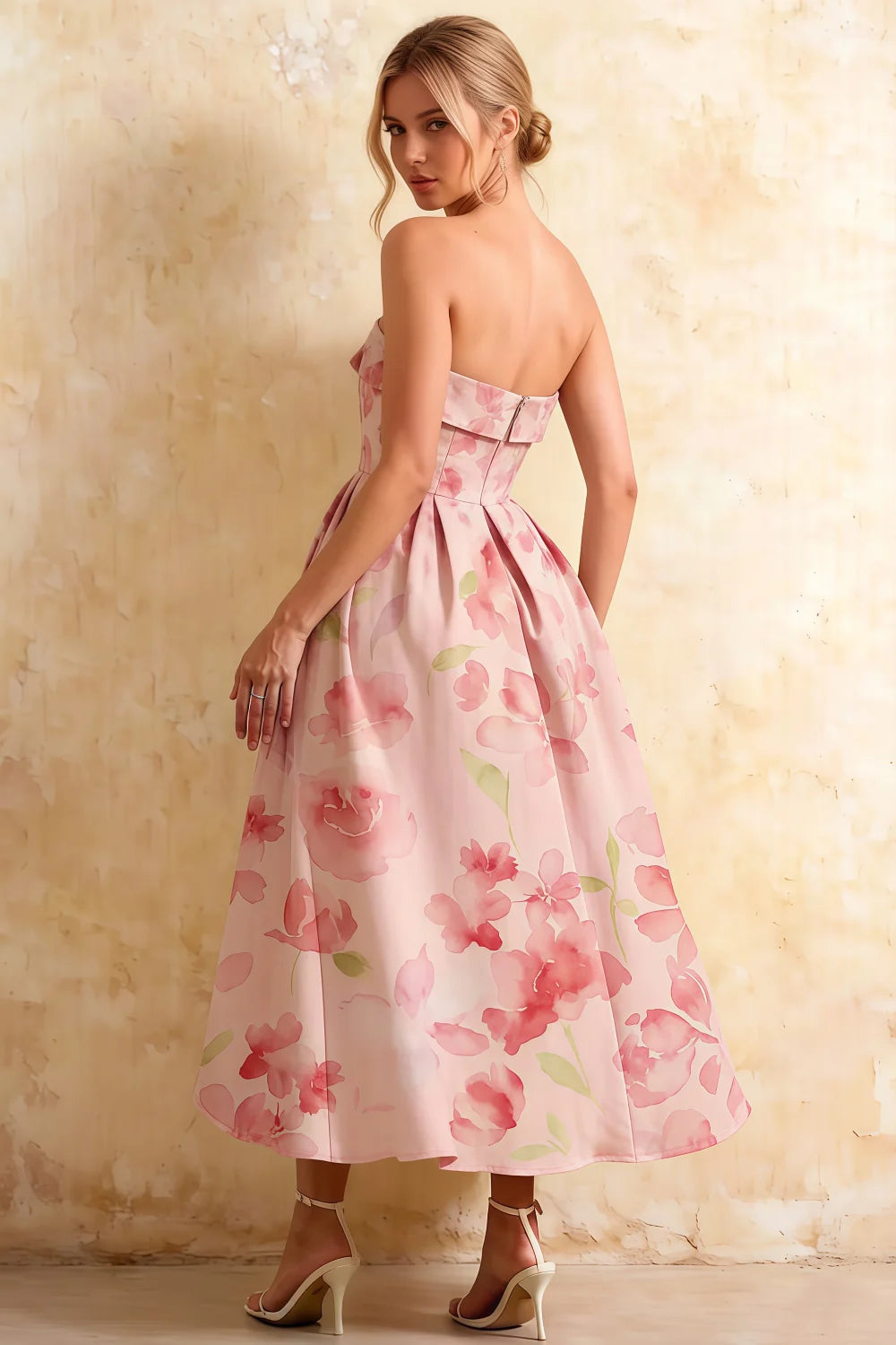 Gwen Light Pink Floral Bardot Adoni Strapless Midi Dress