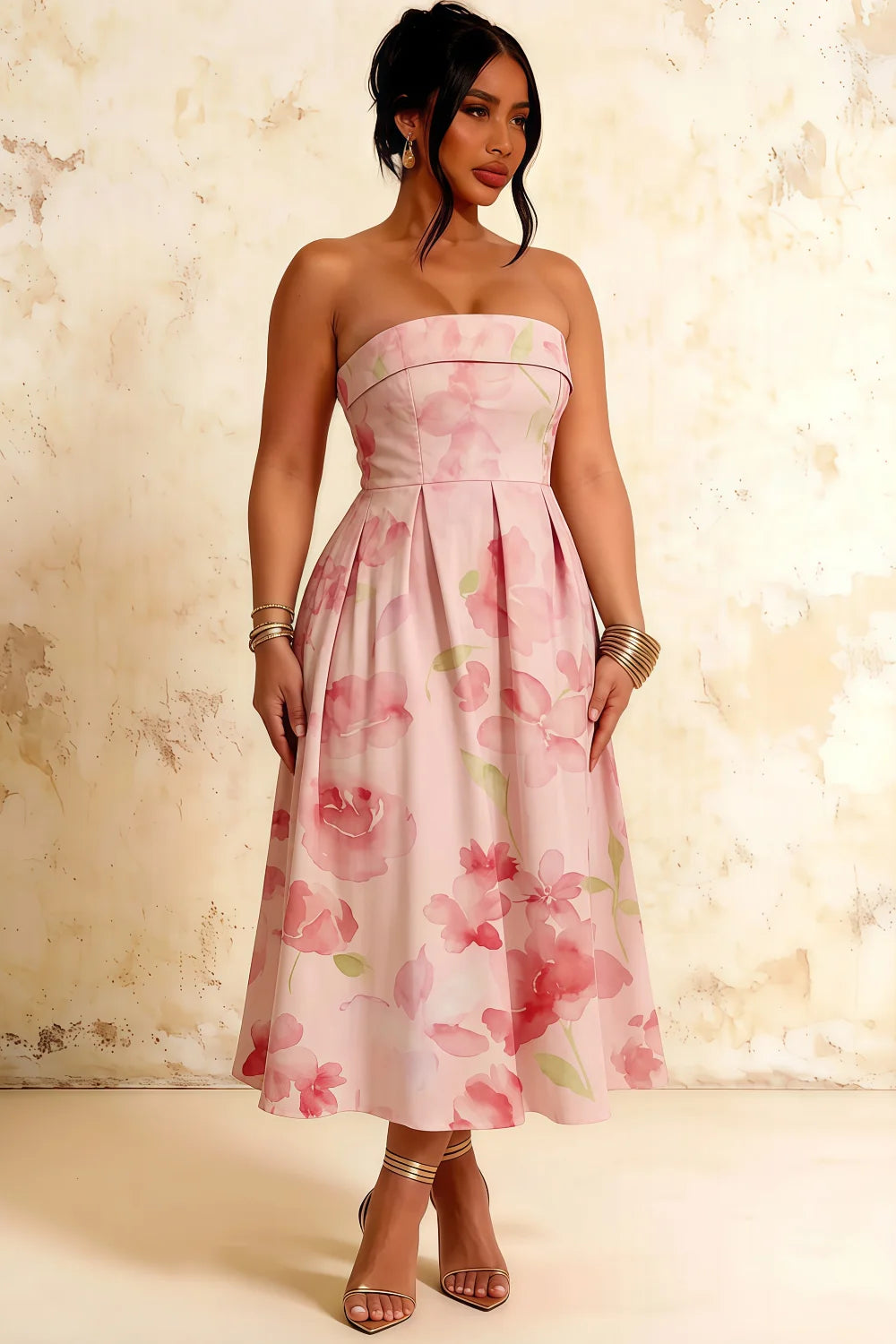 Gwen Light Pink Floral Bardot Adoni Strapless Midi Dress