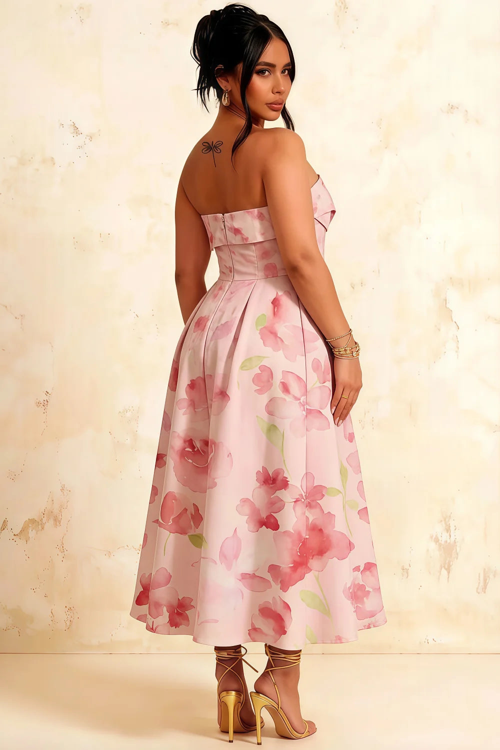 Gwen Light Pink Floral Bardot Adoni Strapless Midi Dress