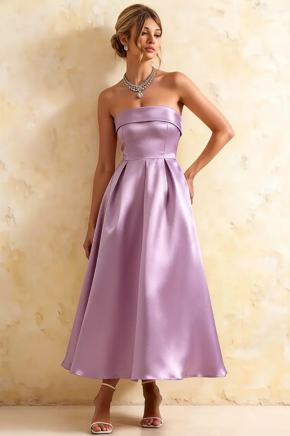 Gwen Lilac Strapless Midi Wedding Guest Dress