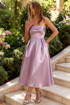 Gwen Lilac Strapless Midi Wedding Guest Dress