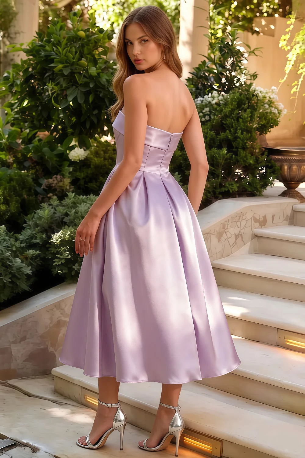 Gwen Lilac Strapless Midi Wedding Guest Dress