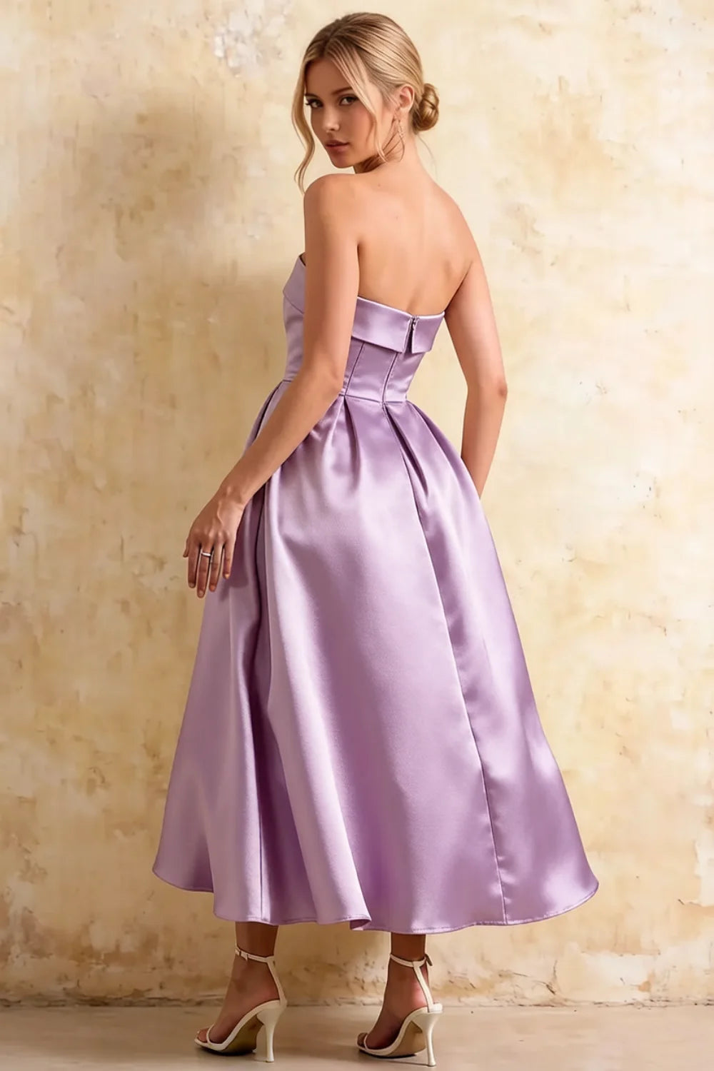 Gwen Lilac Strapless Midi Wedding Guest Dress