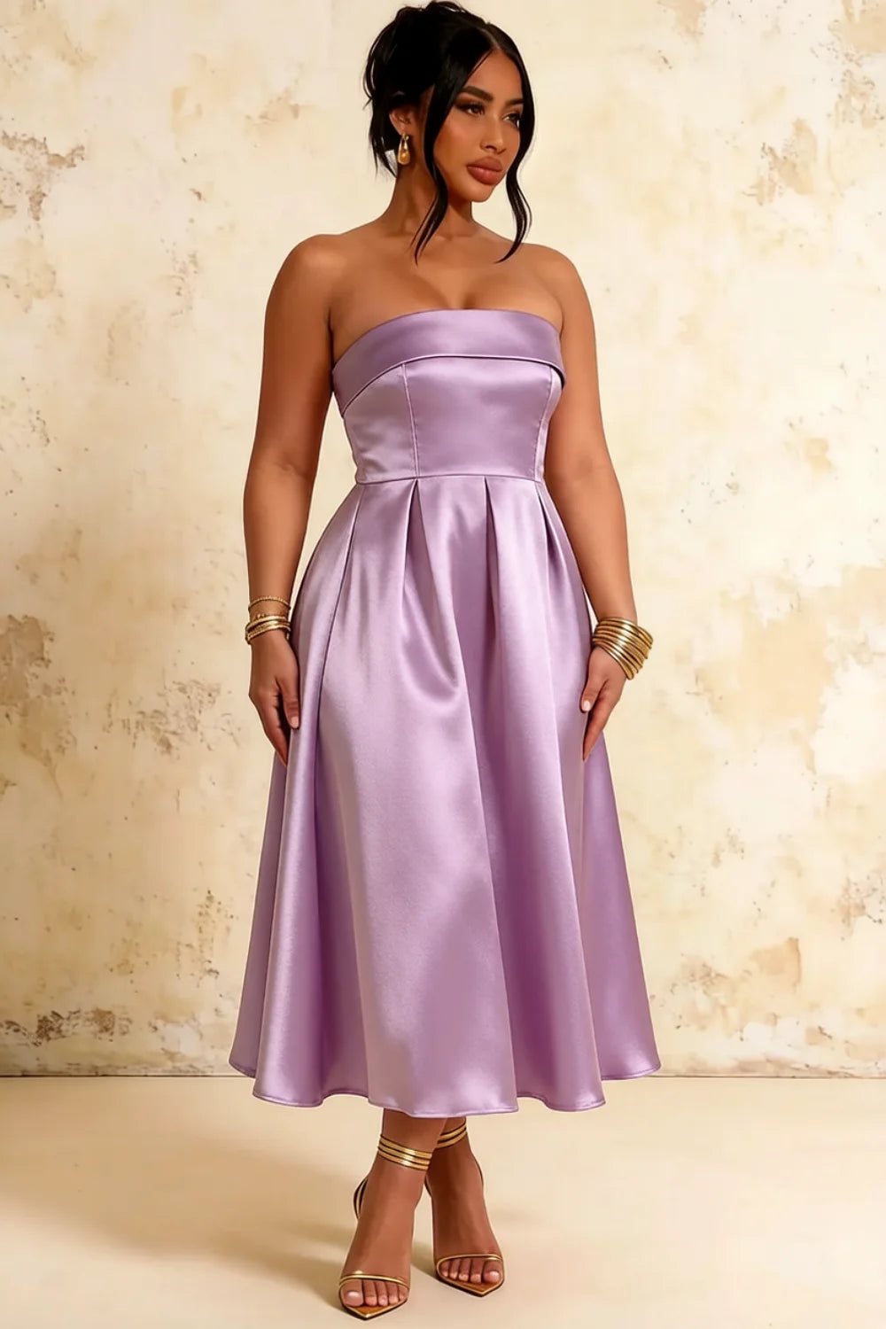 Gwen Lilac Strapless Midi Wedding Guest Dress