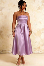 Gwen Lilac Strapless Midi Wedding Guest Dress
