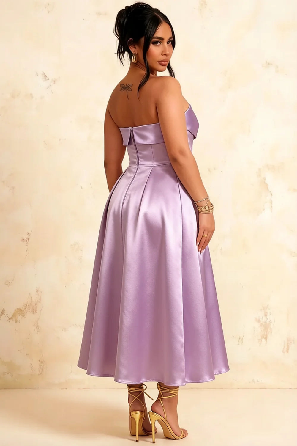 Gwen Lilac Strapless Midi Wedding Guest Dress