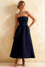 Gwen Navy Blue Strapless Midi Dress | Elegant Pleated Cocktail Gown