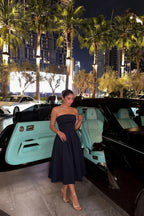 Gwen Navy Blue Strapless Midi Dress | Elegant Pleated Cocktail Gown