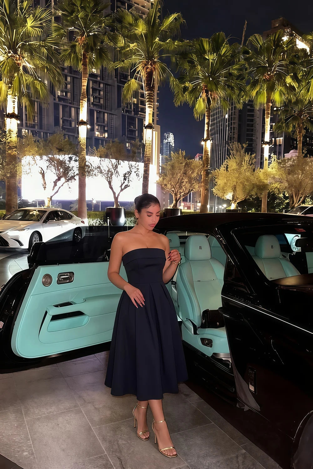 Gwen Navy Blue Strapless Midi Dress | Elegant Pleated Cocktail Gown