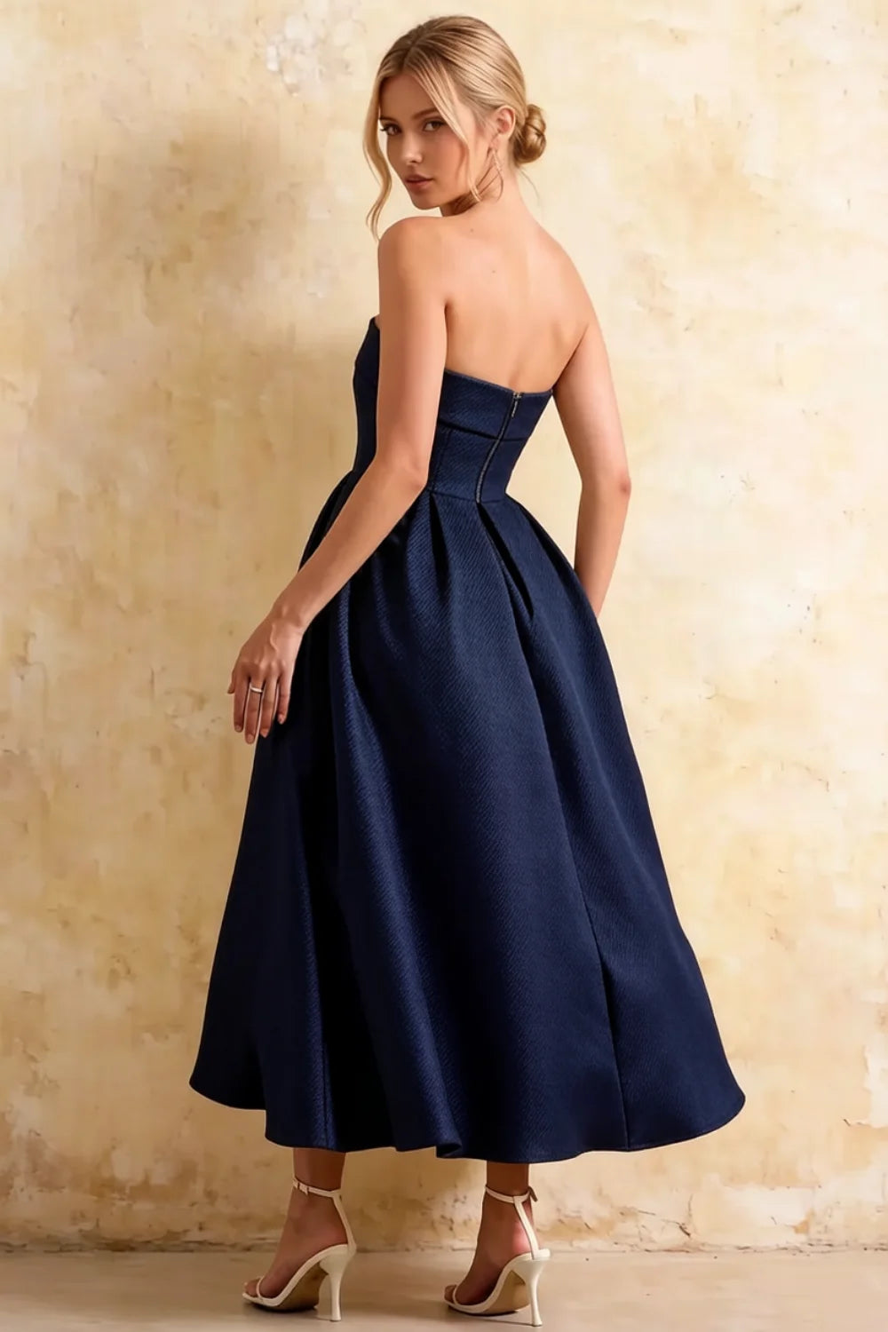 Gwen Navy Blue Strapless Midi Dress | Elegant Pleated Cocktail Gown