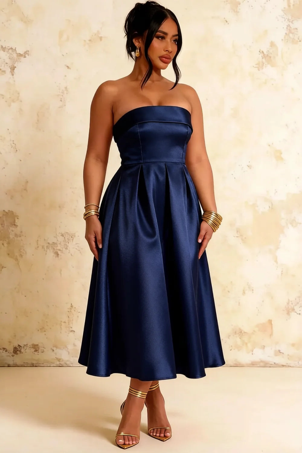 Gwen Navy Blue Strapless Midi Dress | Elegant Pleated Cocktail Gown