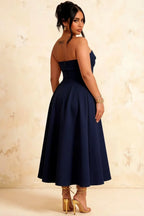 Gwen Navy Blue Strapless Midi Dress | Elegant Pleated Cocktail Gown