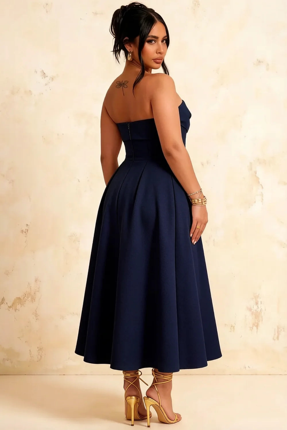Gwen Navy Blue Strapless Midi Dress | Elegant Pleated Cocktail Gown